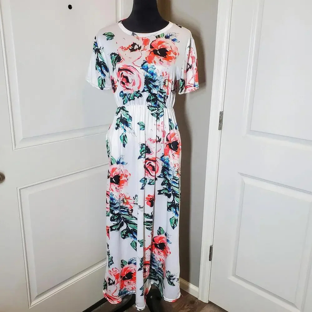 Bohemia Floral Printed White and Coral Midi Dress Women's Size Small/Medium